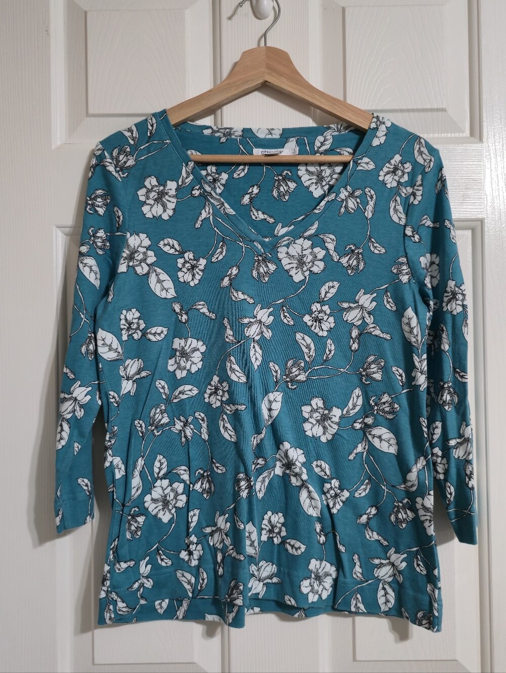 Chico's Teal White Floral Pima Cotton Knit V-Neck 3/4 Sleeve Pullover Top M 1